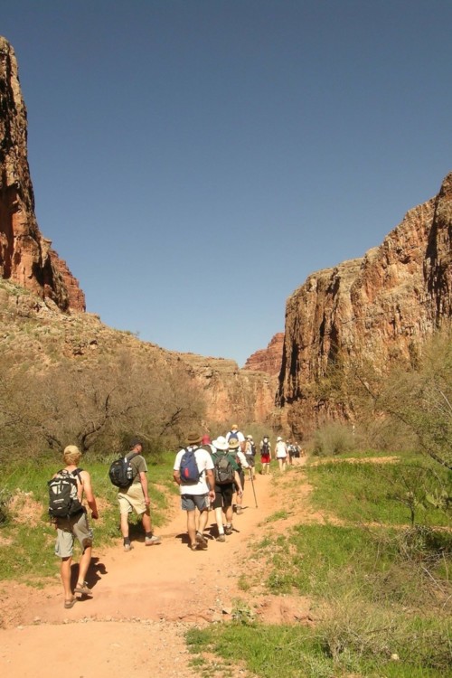 Hikers on trail in canyon, an activity offered at wellness retreats, one way to reset your lifestyle.