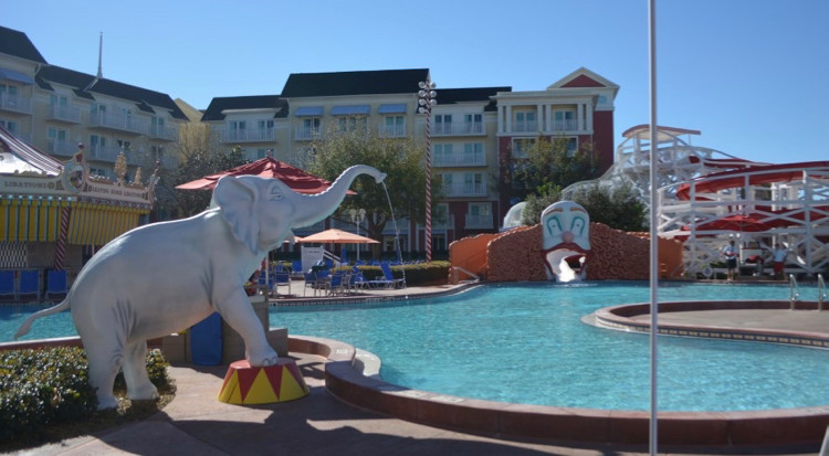 The Luna Park Pool at Disney's Boardwalk Inn, with elephants and a clown-themed slide 