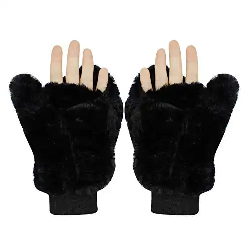 Faux Fur Wool Convertible Fingerless Gloves with Cover