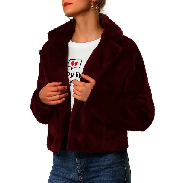 Unique Bargains Women's Cropped Jacket Notch Lapel Faux Fur Fluffy Coat
