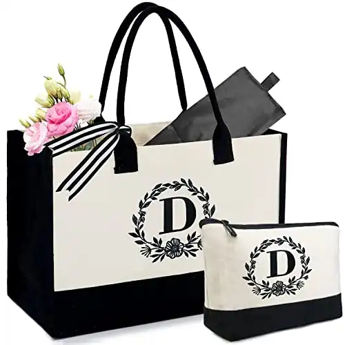 BeeGreen Initial Canvas Tote Bag w Makeup Bag Monogram Embroidery