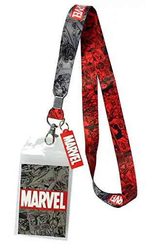 Marvel Lanyard 2" Rubber Charm Pendant with Raised Script and 2 Sided Vintage Comic Strip Pattern